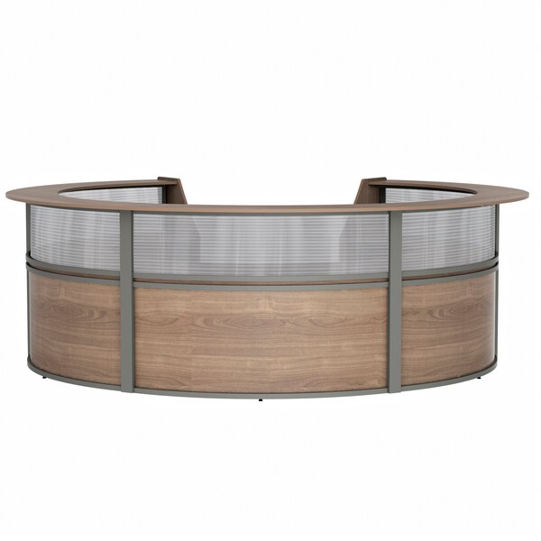 Reception Desk 11.1 ft D X 46 in H, 11.8 ft W X Thermofused Laminate, Clear, Walnut